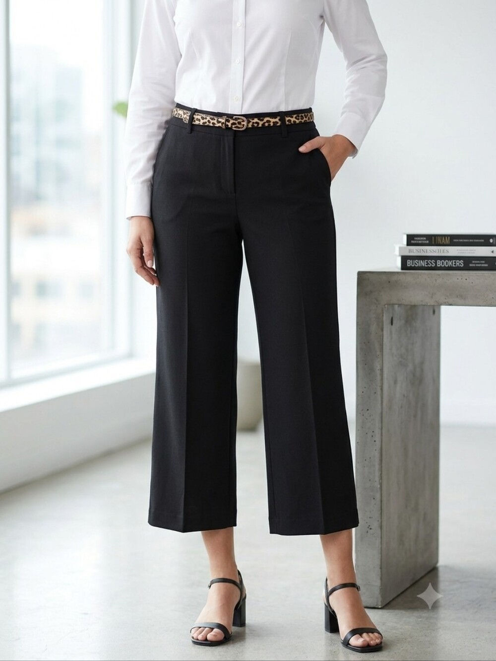 Soho Apparel NWT Classic Black Cropped Pants With Leopard Belt,  Size 2X